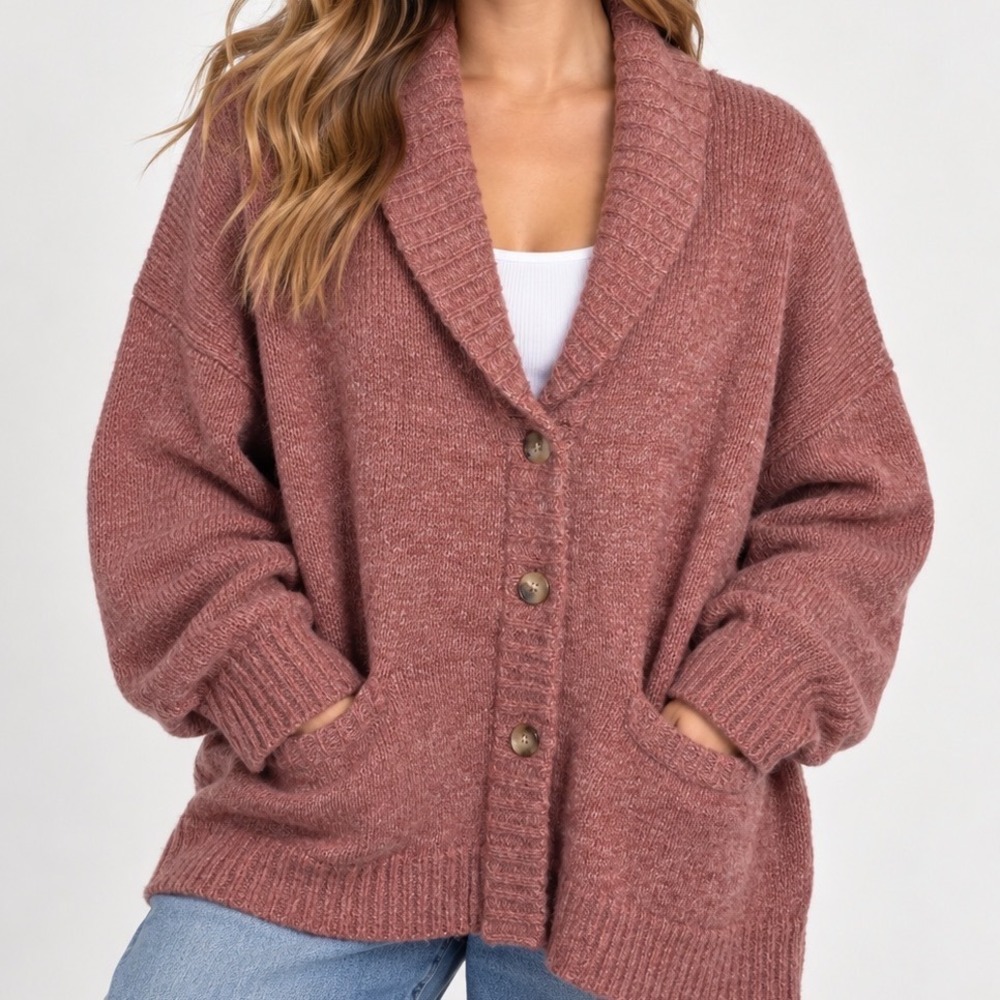 Old Navy Medium Oversized Pink Wool Blend Shawl Collar Cardigan Sweater Cozy